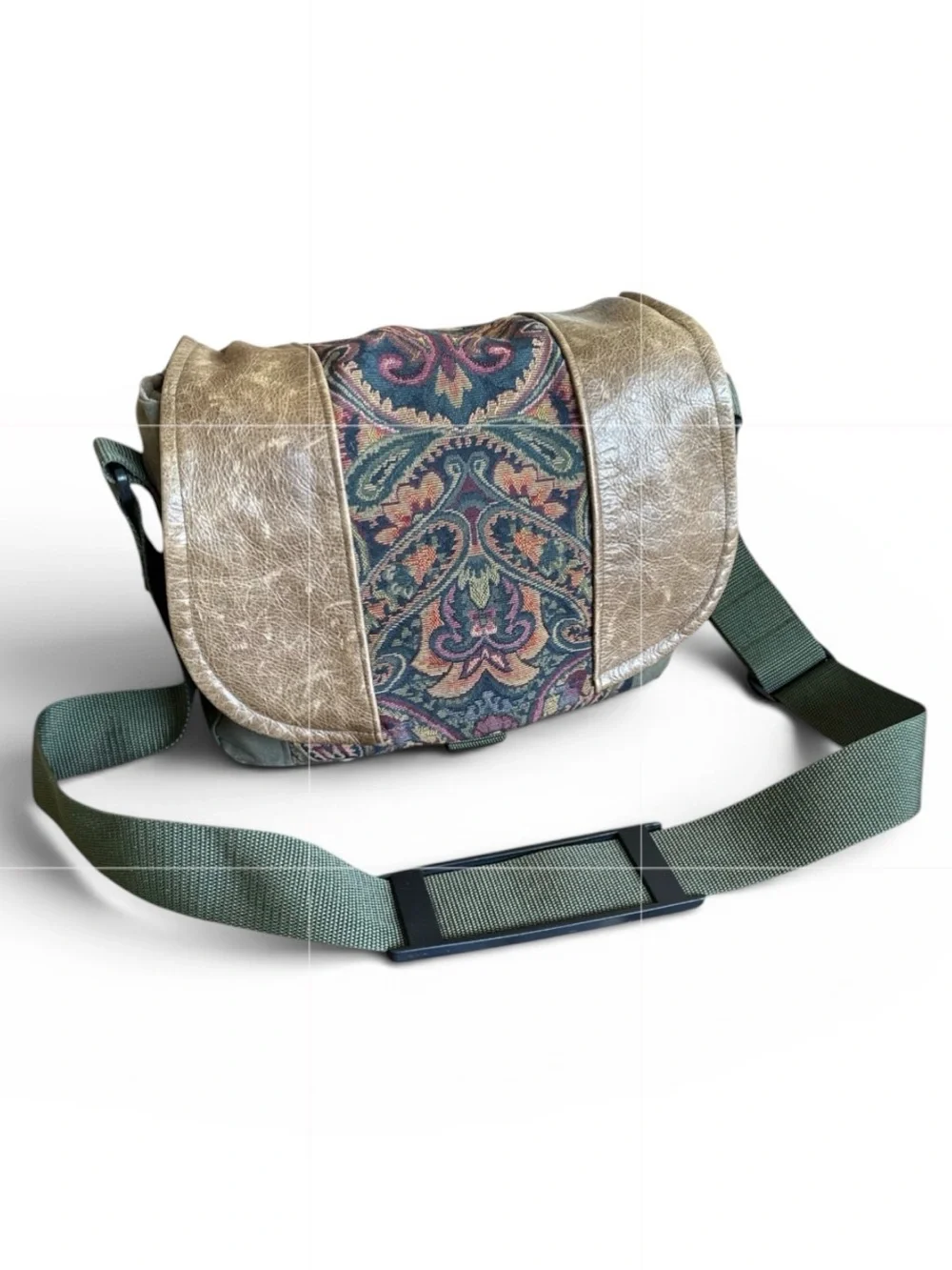 Porteen Gear Camera Bag Olive Leather Tapestry Adjustable Strap Crossbody